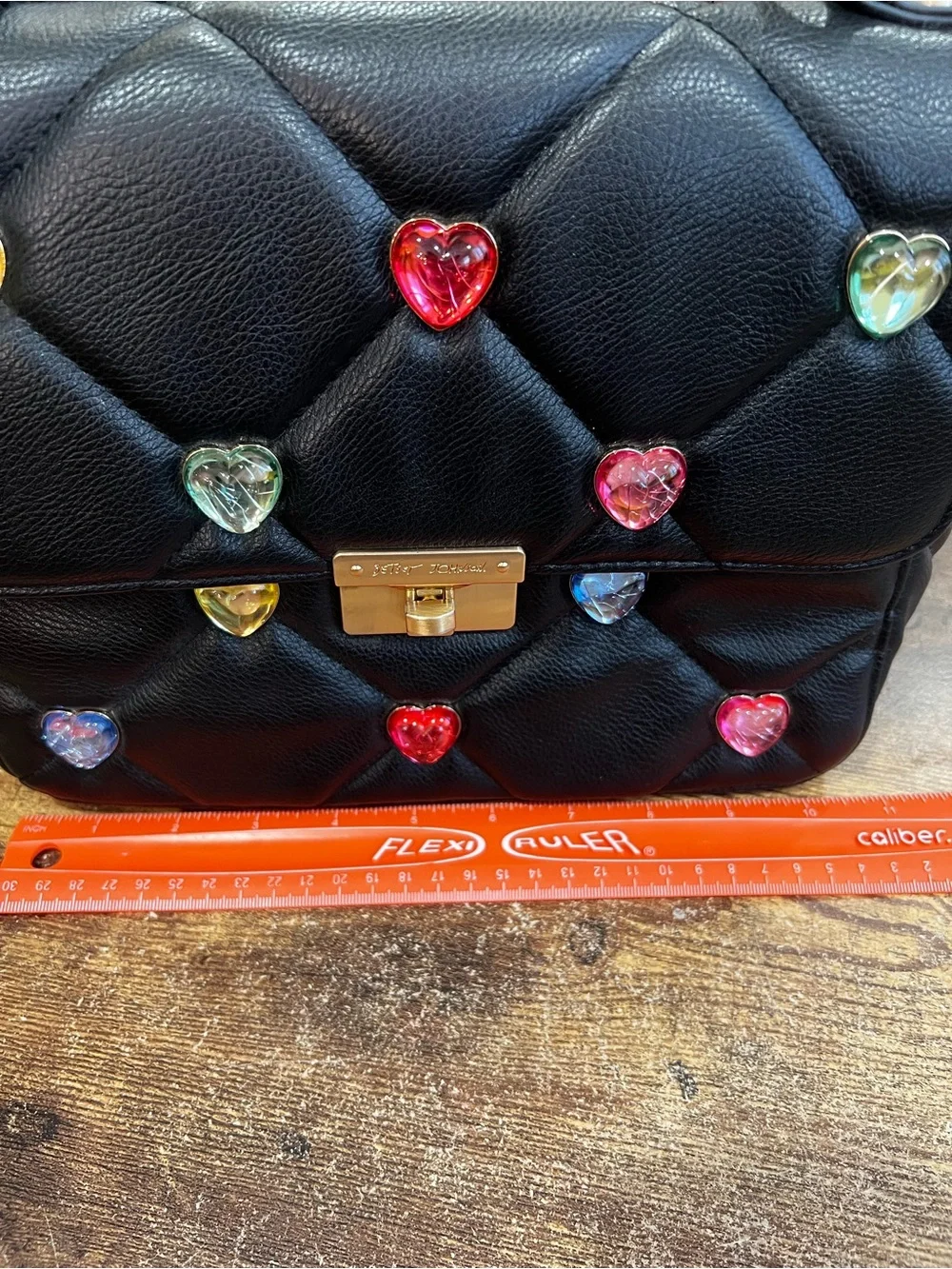 Betsey Johnson I Want Candy Hearts Black Quilted Top Handle Satchel